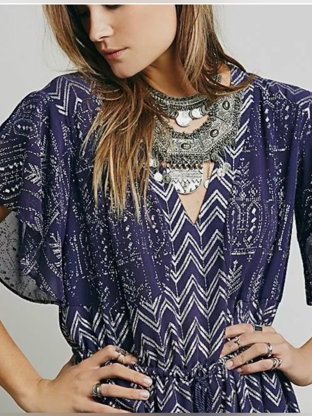 Free People Purple Silver Chevron Bohemian Relaxed Whimsigoth Tunic Dress Small